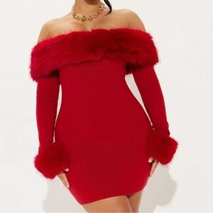 Fashion Nova Red Off-Shoulder Faux-Fur Trim Mini Dress